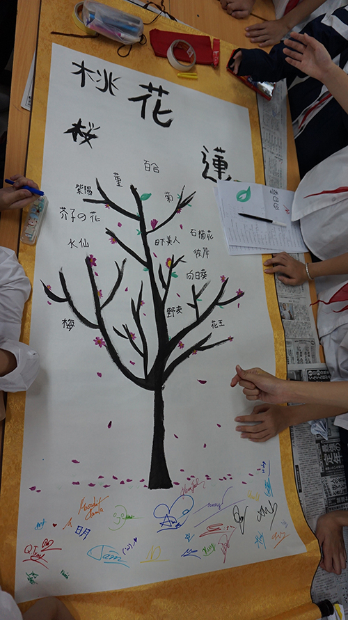 墨で書かれた木の周りにいろいろな花の種類を漢字で書いた掛け軸の写真